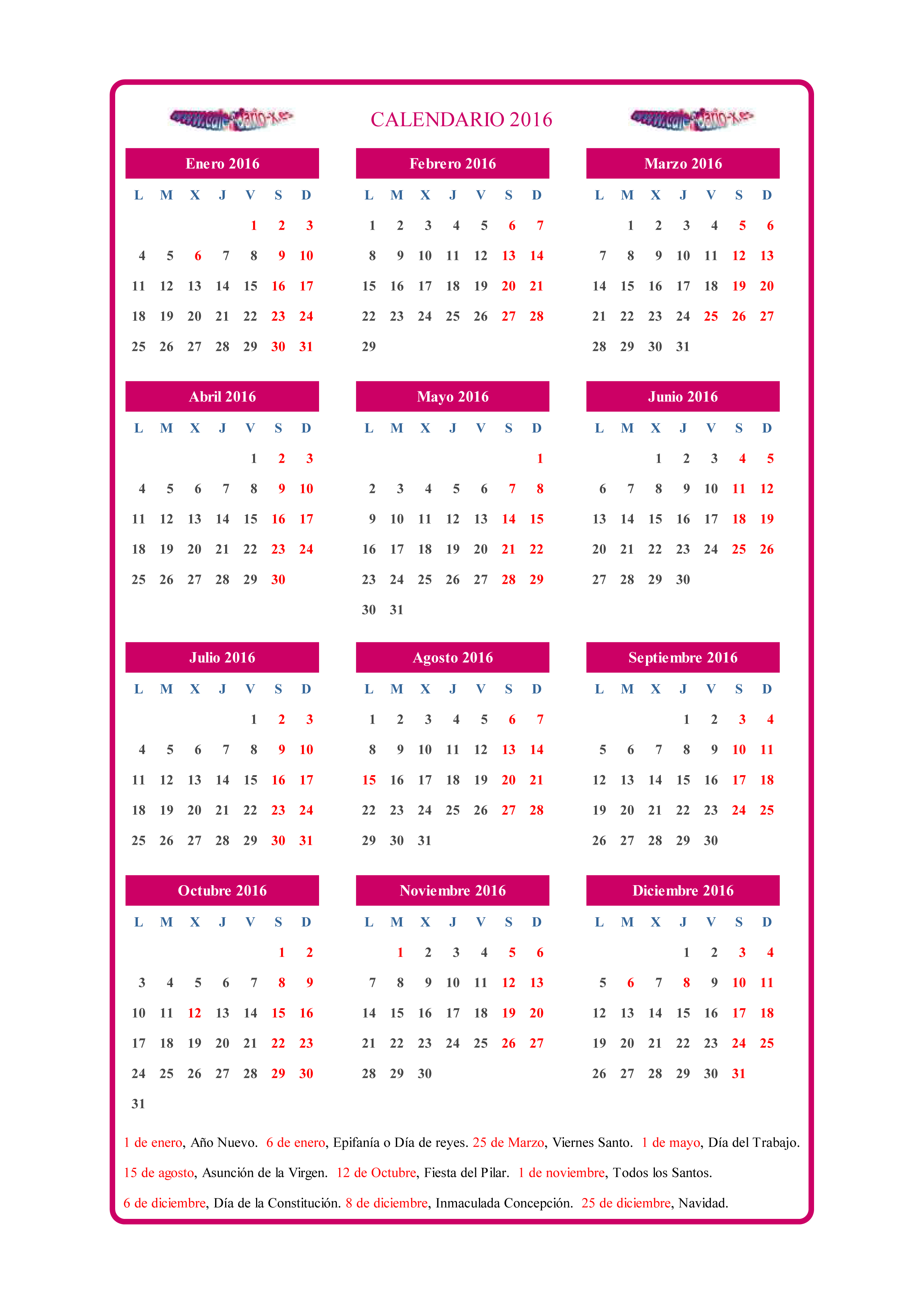 Calendario 2016 Calendar Page